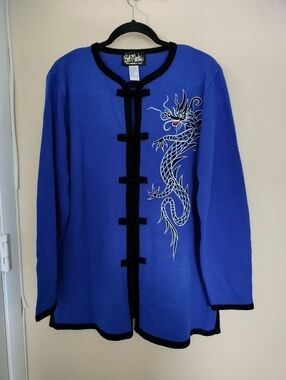 Bob Mackie Wearable Art Blue Black Cardigan Sweater L Dragon Embroidery Artsy